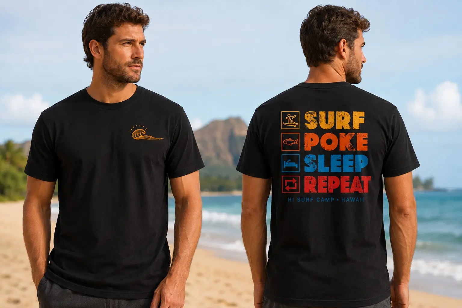 Black HI Surf Camp Surf Poke Sleep Repeat T-shirt shown from the front and back