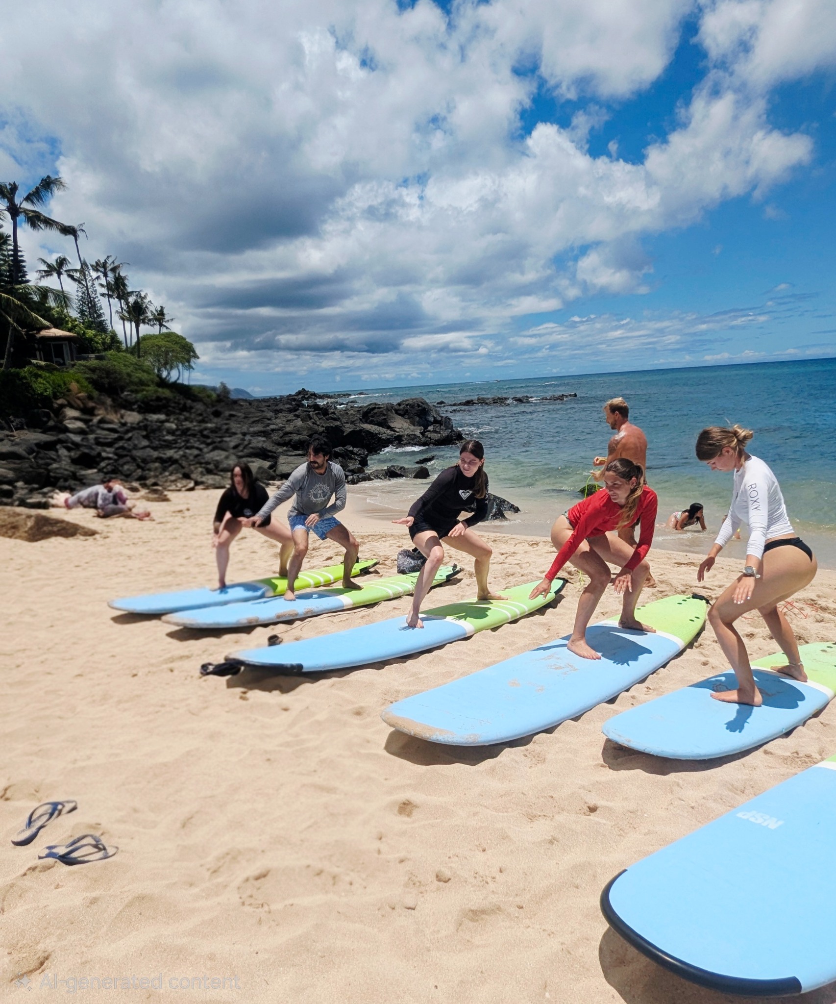 Daniel leading surf pop-up and stance drills on a Hawaiian beach