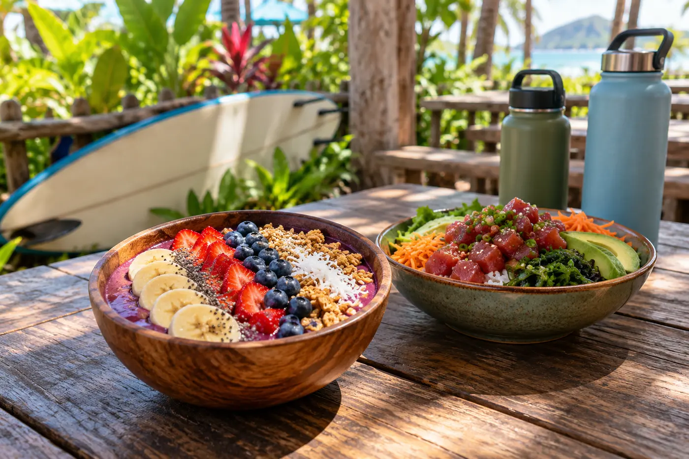 Acai bowl and fresh poke lunch in a tropical North Shore setting