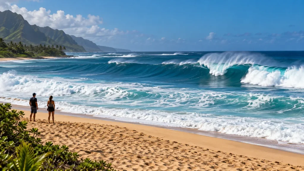 Large breaking waves on Oahu viewed safely from dry sand