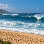 Large breaking waves on Oahu viewed safely from dry sand