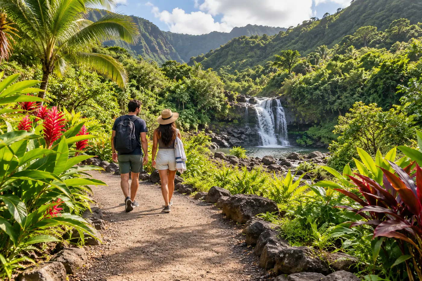 Adult travelers walking through a tropical Oahu garden toward a waterfall